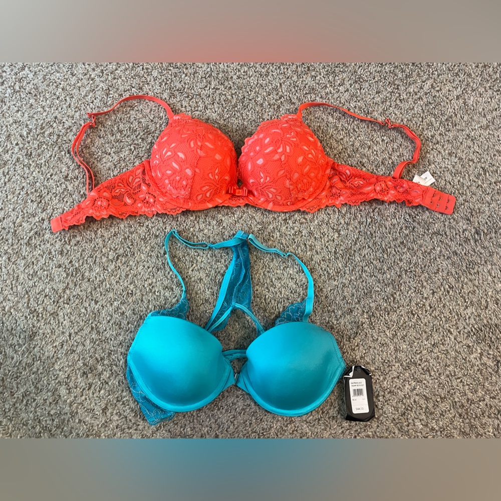 Lot of 2 fredericks of hollywood bras blue and coral lace size 34 B push up